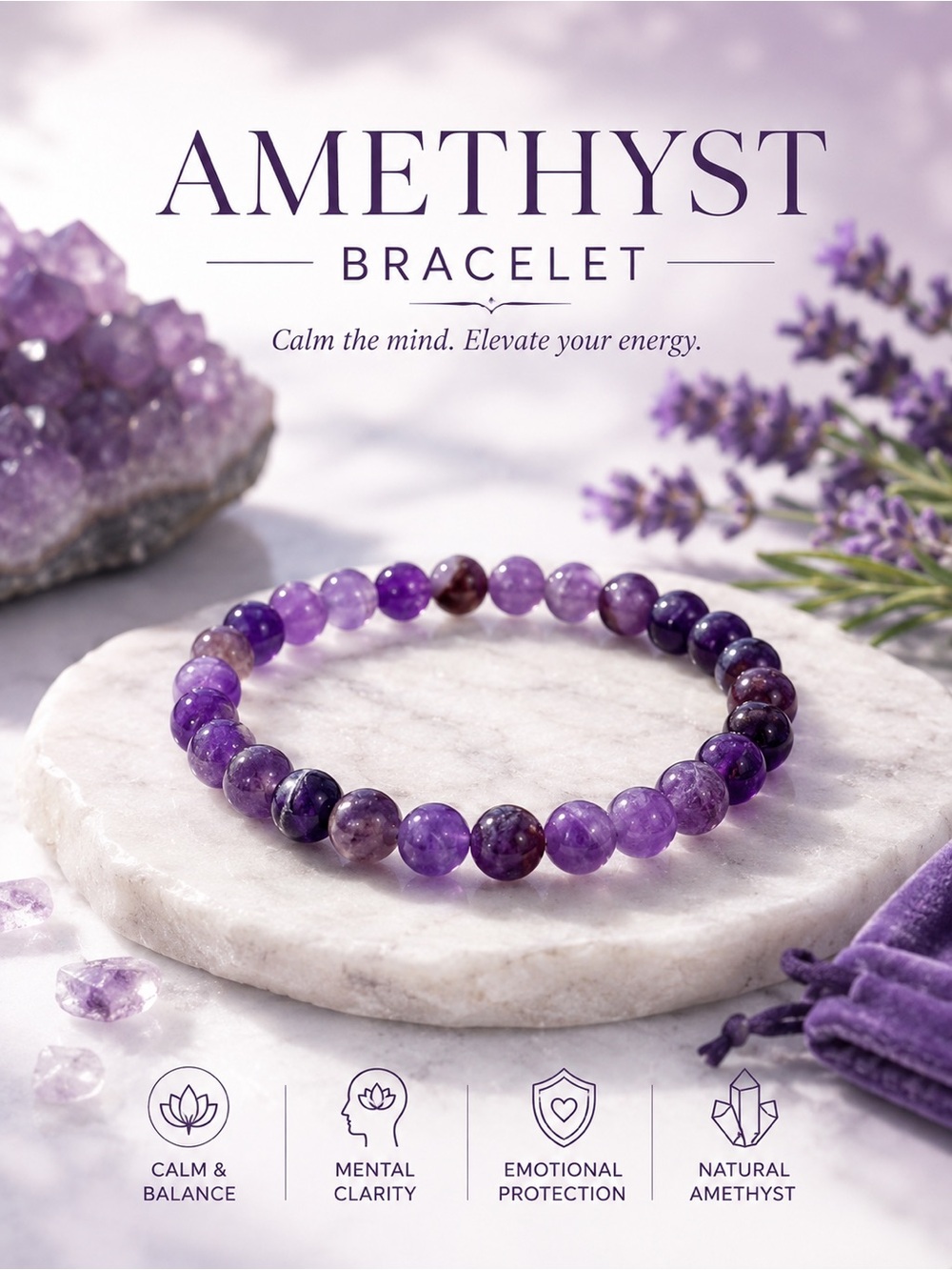 Natural Amethyst Crystal Beaded Stretch Bracelet | Healing Crystal Jewelry